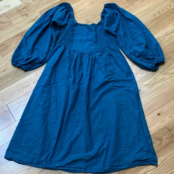 ELF blue/teal handmade dress sz L, basque waist, bishop sleeves - Picture 1 of 7